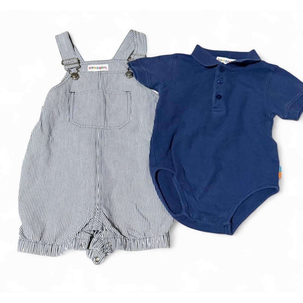 Vintage Gymboree Outfit Set 18-24M Striped Overalls Blue Polo Bodysuit